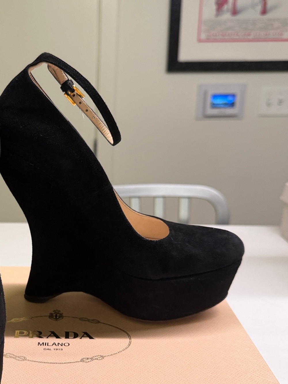 Prada Black Suede Platform Wedge Heels Ankle Strap Size 38 (US 8) With Box